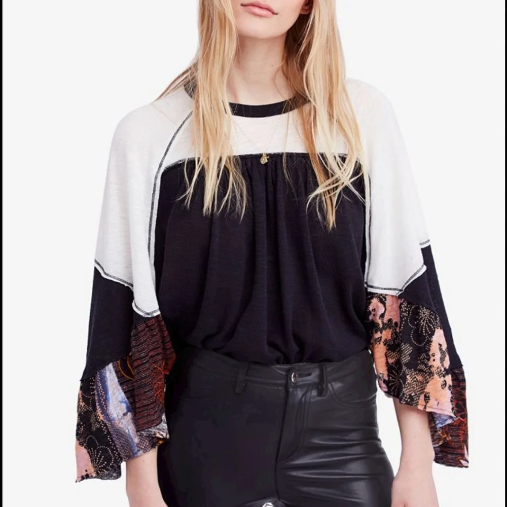 Free People Black and White Peasant-Style Long Sleeve Blouse